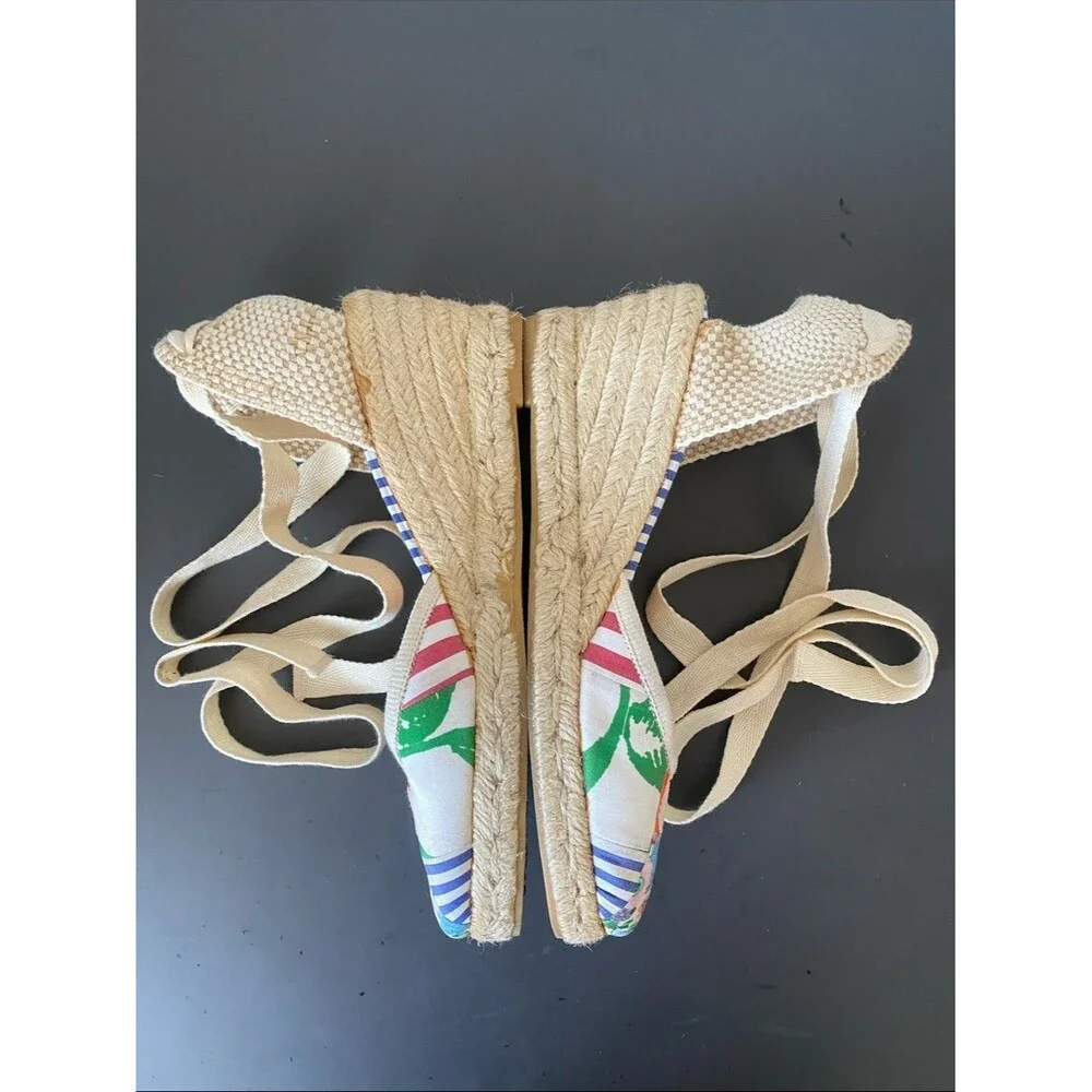 Coach Patchwork Espadrille Wedges Multicolor Sz 7R Logo Floral Coastal Preppy